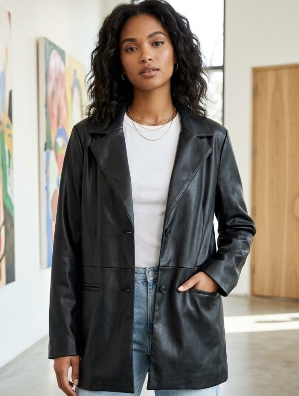 GARAGE Black Faux Leather Oversized Blazer Jacket Size Large
